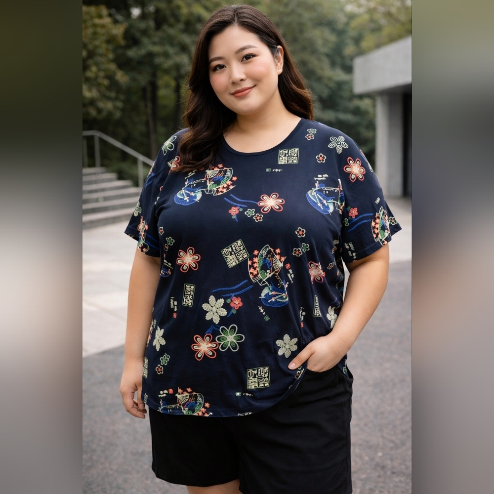 Bentley Plus Womens 2X Navy Floral Asian Print‎ Top Stretch Short Sleeve Blouse